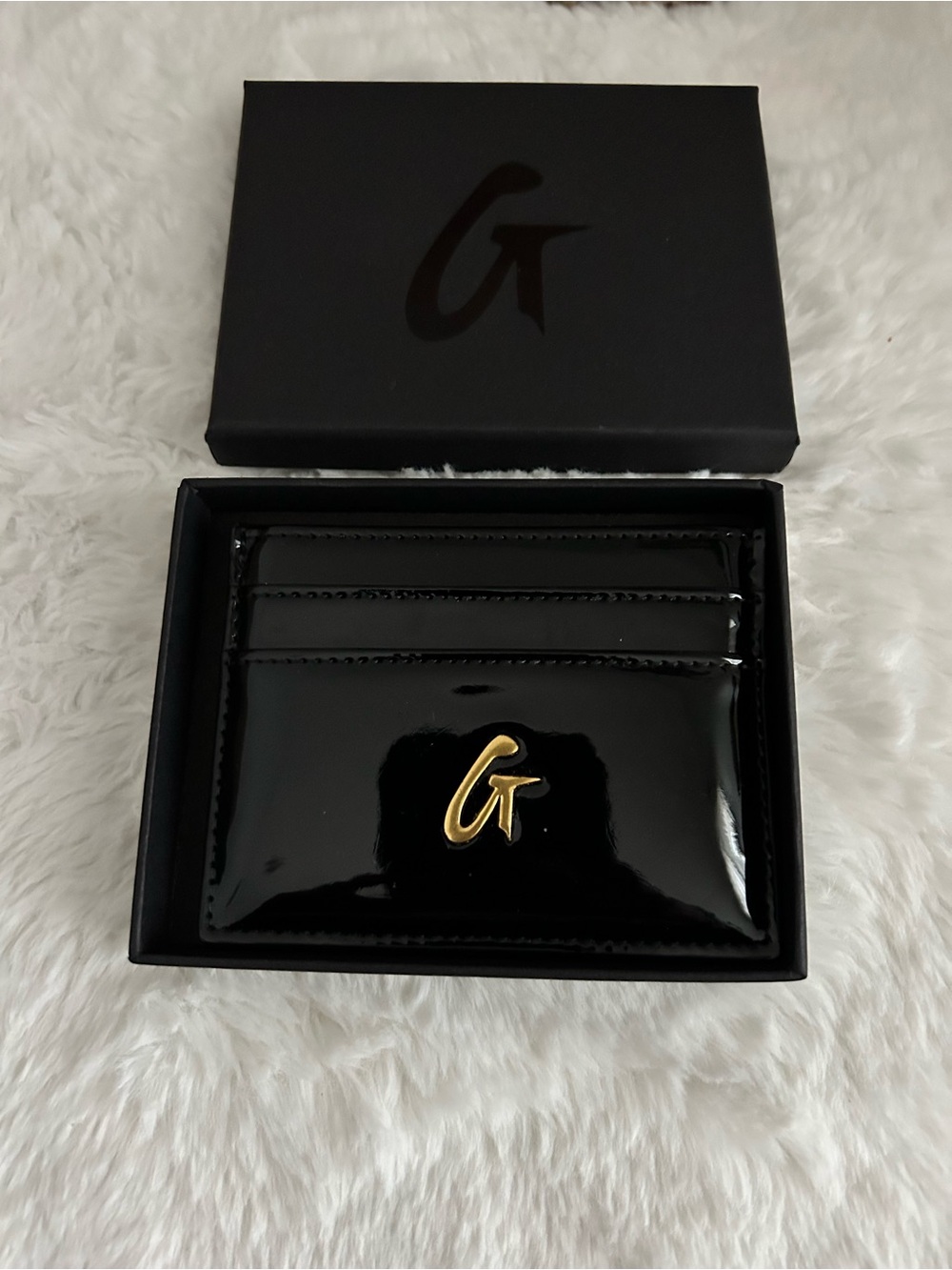 Glam-Aholic Black Patent Card Holder with Gold Accent